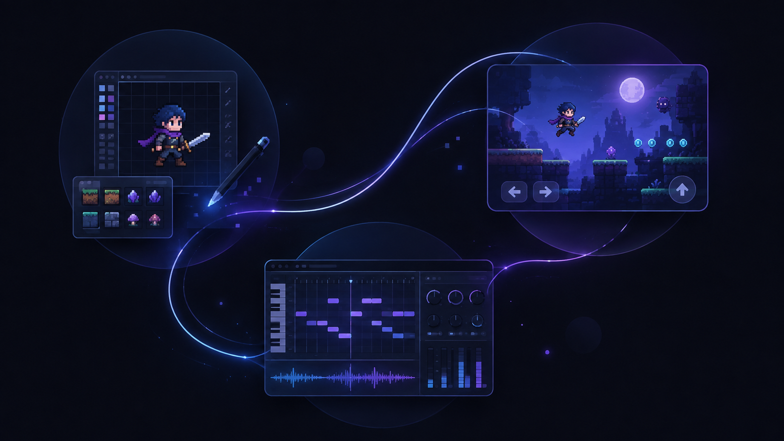 Illustration de projets créatifs mêlant jeu vidéo, pixel art et musique
